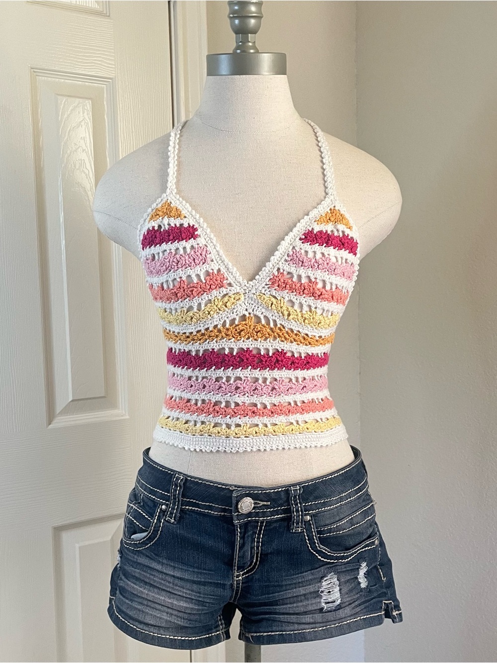 Forever 21 White Crochet Halter Crop Top with Pink, Yellow & Orange Stripes